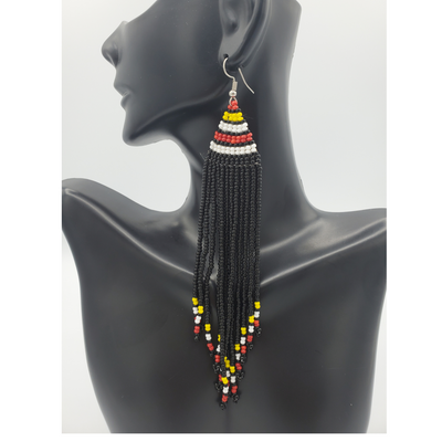 Long Beaded Tribal Earrings, Black
