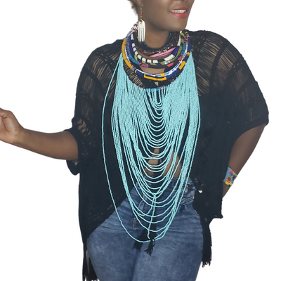 DYNAMITE Cord/Beaded Necklace, Blue