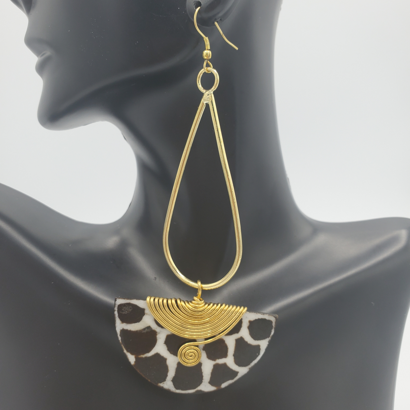 Oval Batik Bone & Brass Earrings, Animal Print