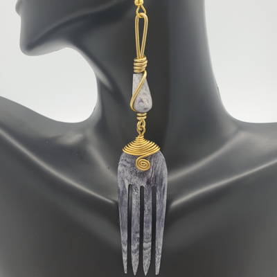 Bone & Brass Geometric Earrings, 'Marble'
