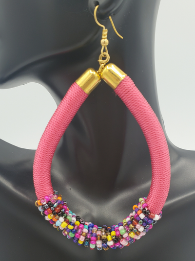 Thread Wrapped/Beaded Hoop Earrings, Pink