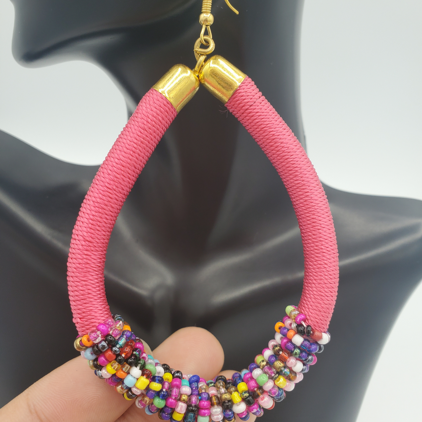 Thread Wrapped/Beaded Hoop Earrings, Pink
