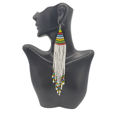 Long Beaded Tribal Earrings, White